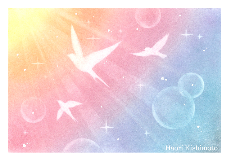 鳥が光に向かって飛んでいくパステルアートby岸本葉織