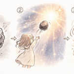 感情を形にして光へ手放し、心が軽くなるまでの3ステップを描いたやさしいイラスト