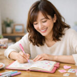 自分の好きや価値観を書き出す時間。手帳にメモを書く女性