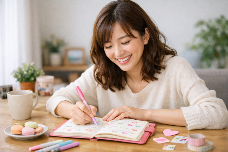 自分の好きや価値観を書き出す時間。手帳にメモを書く女性