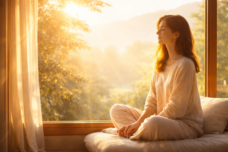 朝の光を浴びて自分の内面と向き合っている女性