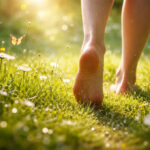 草の上を裸足で歩く足（感覚を取り戻すイメージ）