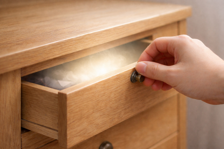 心の引き出しから記憶を取り出すイメージの木のタンス