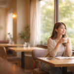 窓際のカフェで一人静かに過ごす女性