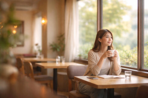 窓際のカフェで一人静かに過ごす女性