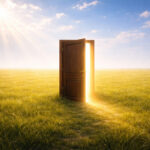 光に包まれた草原に立つ扉。新しい自分と本当にやりたいことへの扉を象徴するイメージ