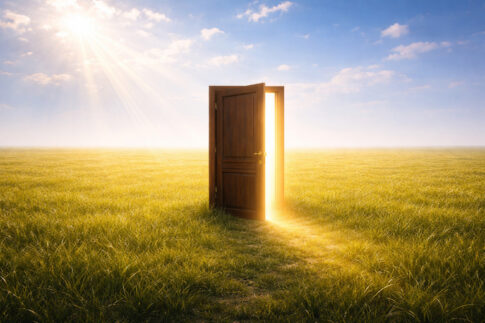 光に包まれた草原に立つ扉。新しい自分と本当にやりたいことへの扉を象徴するイメージ