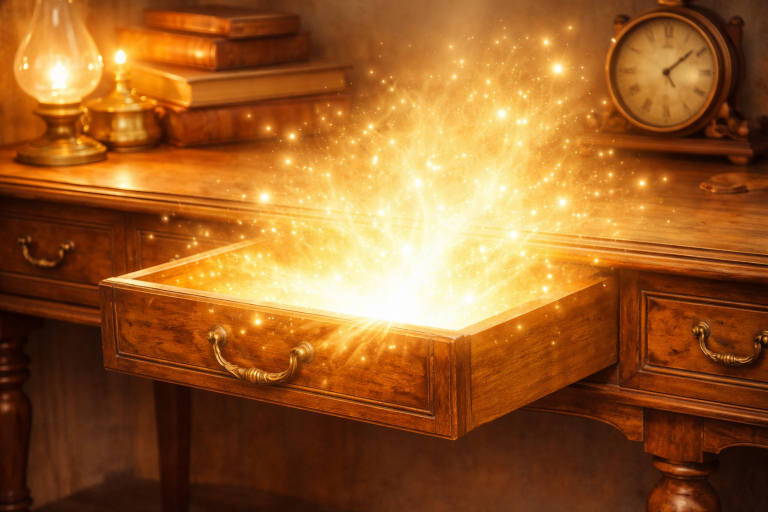 引き出しから光が溢れ出し、内側にある感覚や可能性が広がっていく様子を表したイメージ