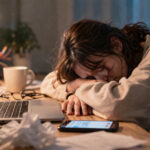 忙しい毎日の中でPCやスマホに囲まれ、疲れて眠ってしまった女性の様子。意識が外側に散り、自分の感覚を見失っている状態を表したイメージ