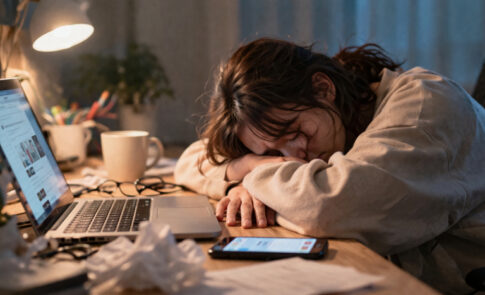 忙しい毎日の中でPCやスマホに囲まれ、疲れて眠ってしまった女性の様子。意識が外側に散り、自分の感覚を見失っている状態を表したイメージ