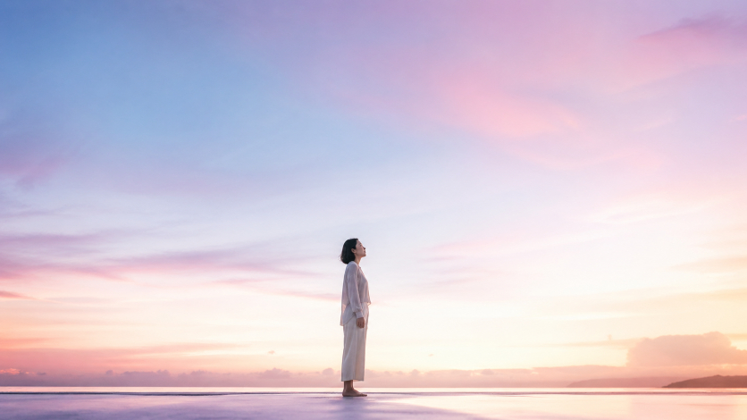 淡いグラデーションの空の下で静かに立つ人物の姿。比べる自分を責めず、自分の軸を取り戻した静かな強さを表す画像
