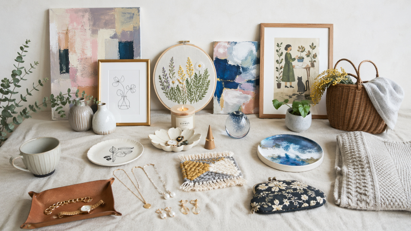 刺繍やアクセサリー、絵など異なるジャンルの作品を並べた、ものづくり趣味の見本一覧