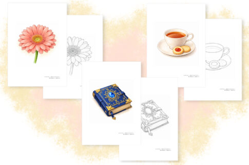 無料ダウンロードできる大人の塗り絵3種類の見本画像 本 お茶 花のオリジナルデザイン