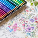 色鉛筆と花の大人の塗り絵が並ぶ、創作系趣味のやさしい手元風景