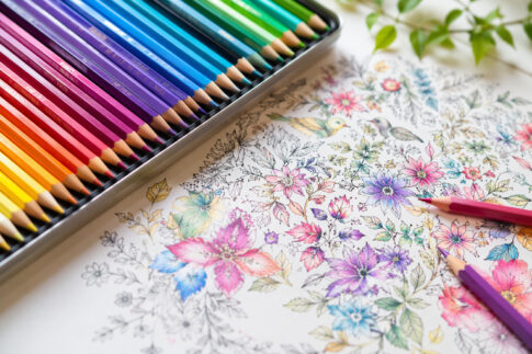 色鉛筆と花の大人の塗り絵が並ぶ、創作系趣味のやさしい手元風景