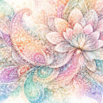 淡い色彩と繊細な模様が重なり合う、花のような抽象アート