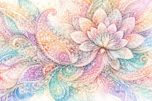 淡い色彩と繊細な模様が重なり合う、花のような抽象アート