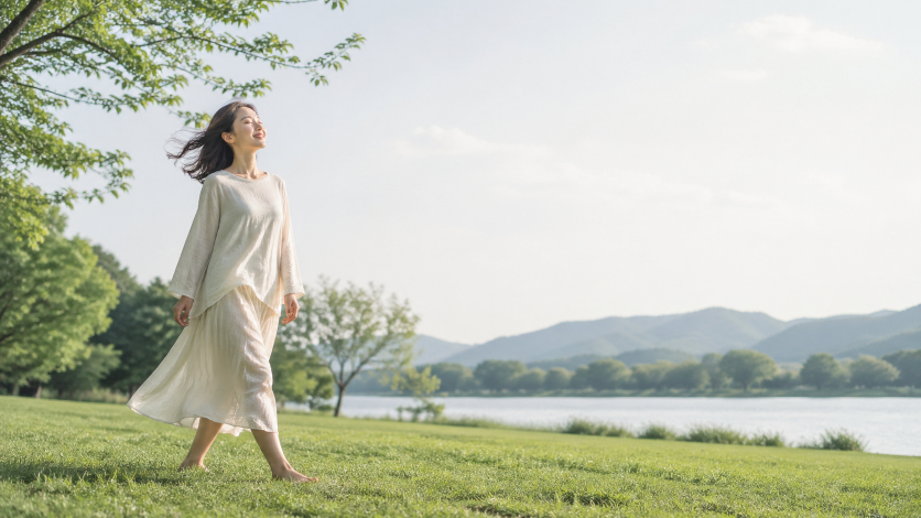 自然の中を歩く女性の姿。五感を通して思考から感覚へ戻ることを表すイメージ。