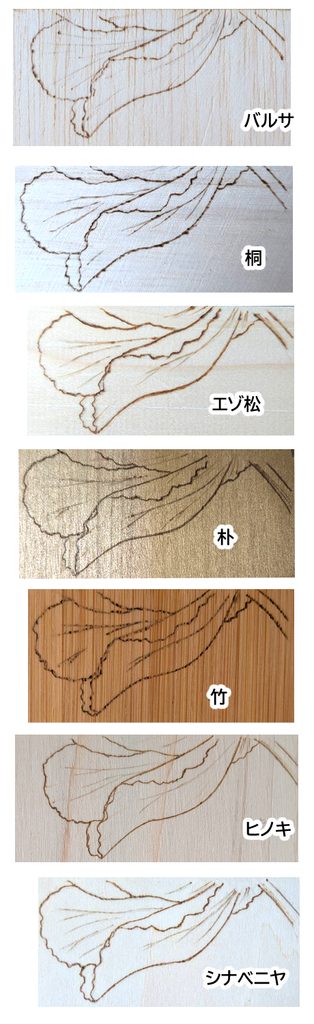7種類の木材に同じ花びらの図柄をウッドバーニングで描いて比較した写真